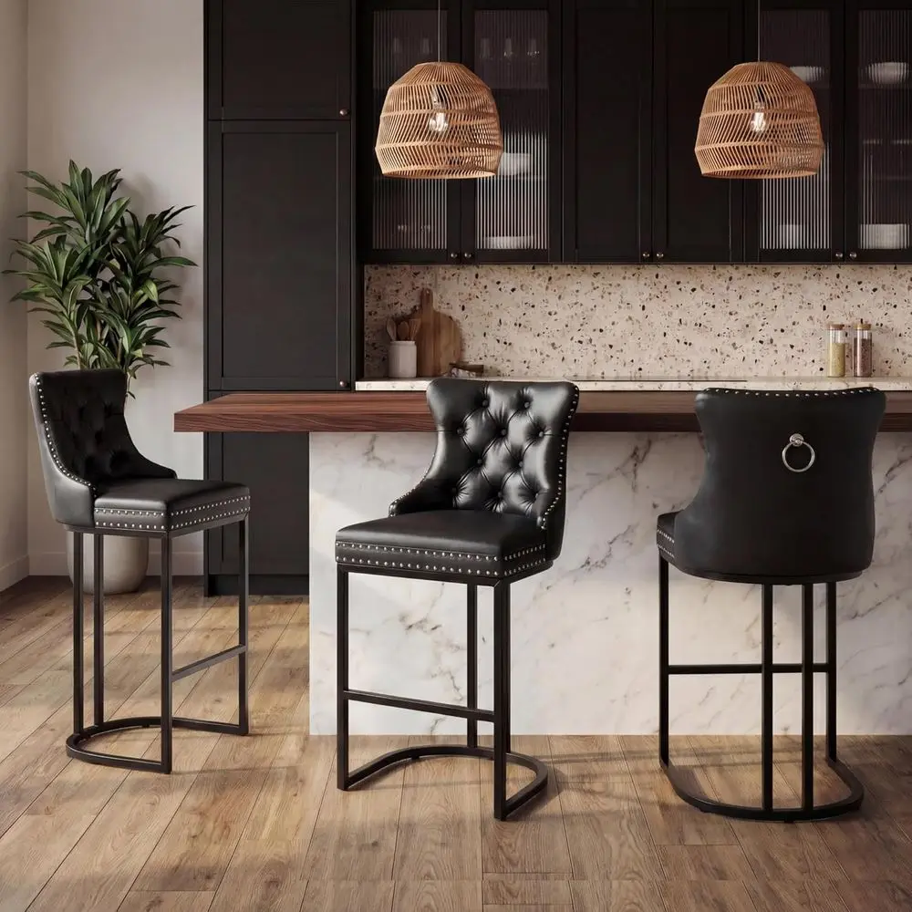 

Set of 3, 26 High-Back Leather Upholstered Counter Stools with Metal Legs for Kitchen Island or Bar, Black