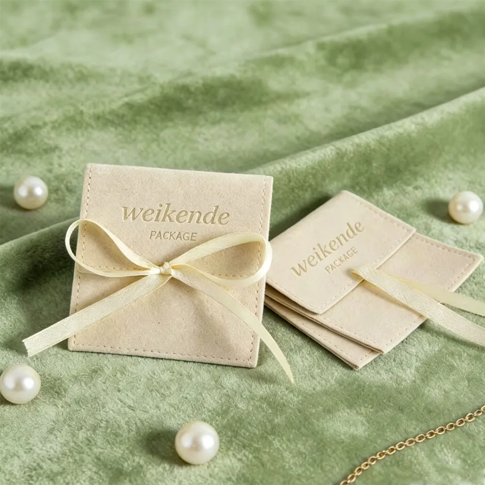 50Pcs Beige Microfiber Jewelry Half Cover With Ribbon Bag Wedding Favors Gift Packaging Earring Bracelet Elegant Bowknot Pouches