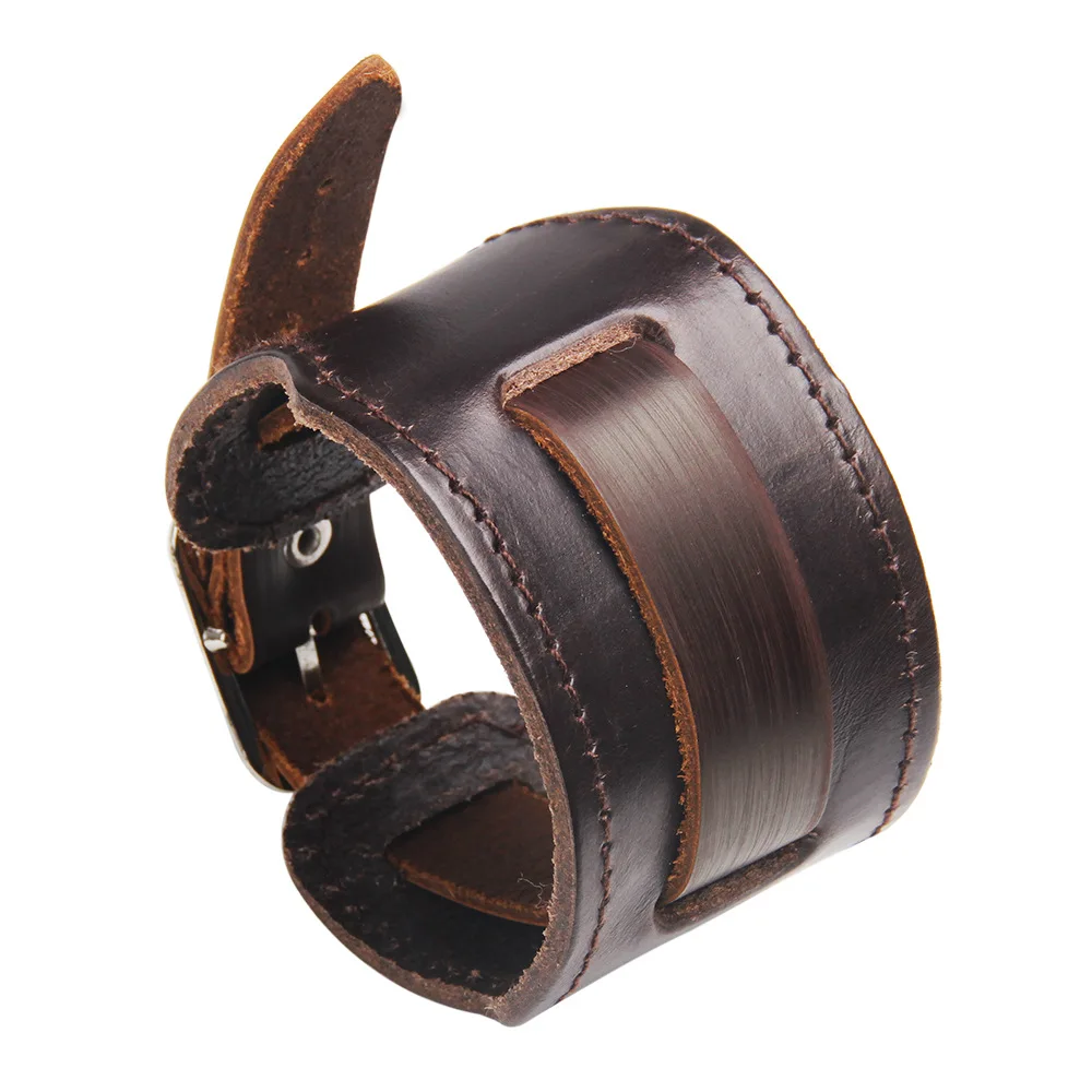 Fashion Classic Men Wide PU Leather Bracelet Black Brown Wide Cuff Bracelets Bangles Vintage Punk Wristband Men Jewelry Gift