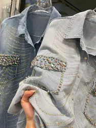 New In Autumn Trend Sparkle Diamonds Loose Casual Denim Shirts and Blouses For Women's Y2K Clothing Jean Blouses Camisas