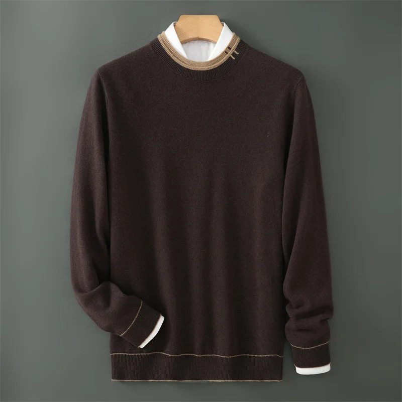 24 Pure Wool Sweater Men's Round Neck Autumn Winter New Item Thickened Color Blocked Fake Two-Piece Pullover Casual Knitted Base