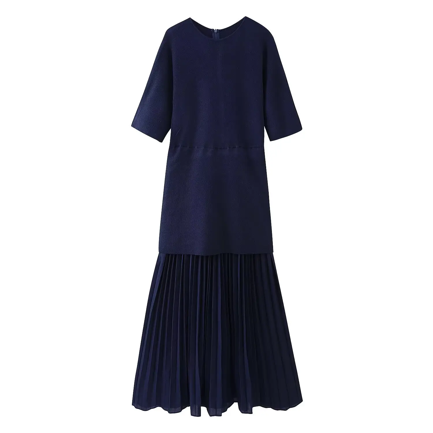 HH Vrouwen Elegante Halve Mouwen O-kraag Geplooide Jurk Lente Vrouw Achterrits Splitsen Vintage Casual Gebreide Lange Jurk
