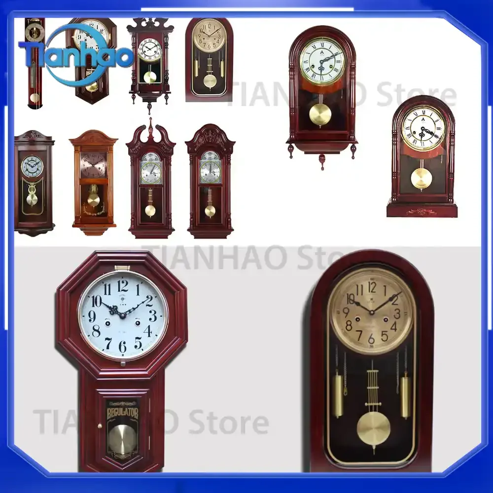 Antique Style Wall Clock for Living Room with Feng Shui Design Solid Wood Mechanical Pendulum Clock with Bronze Movement