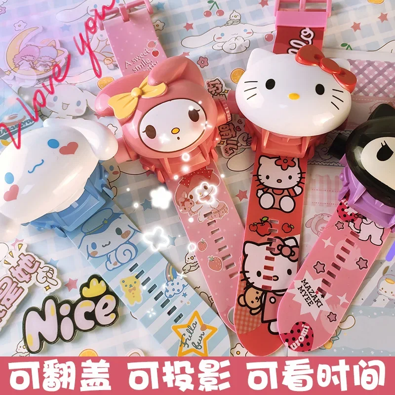 2024 jam tangan Kawaii Cinnamoroll Kuromi mainan anak kartun Clamshell proyeksi jelas pengembangan intelektual jam tangan elektronik