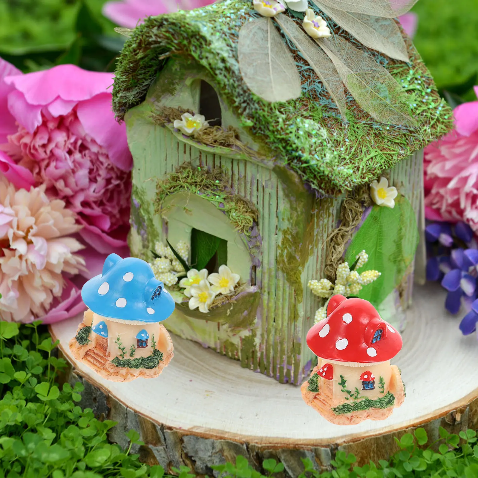 

4pcs House Decoration Resin Figurines Mini Garden Statues DIY Crafts Pink Mushroom House Figurines Red Yellow Blue