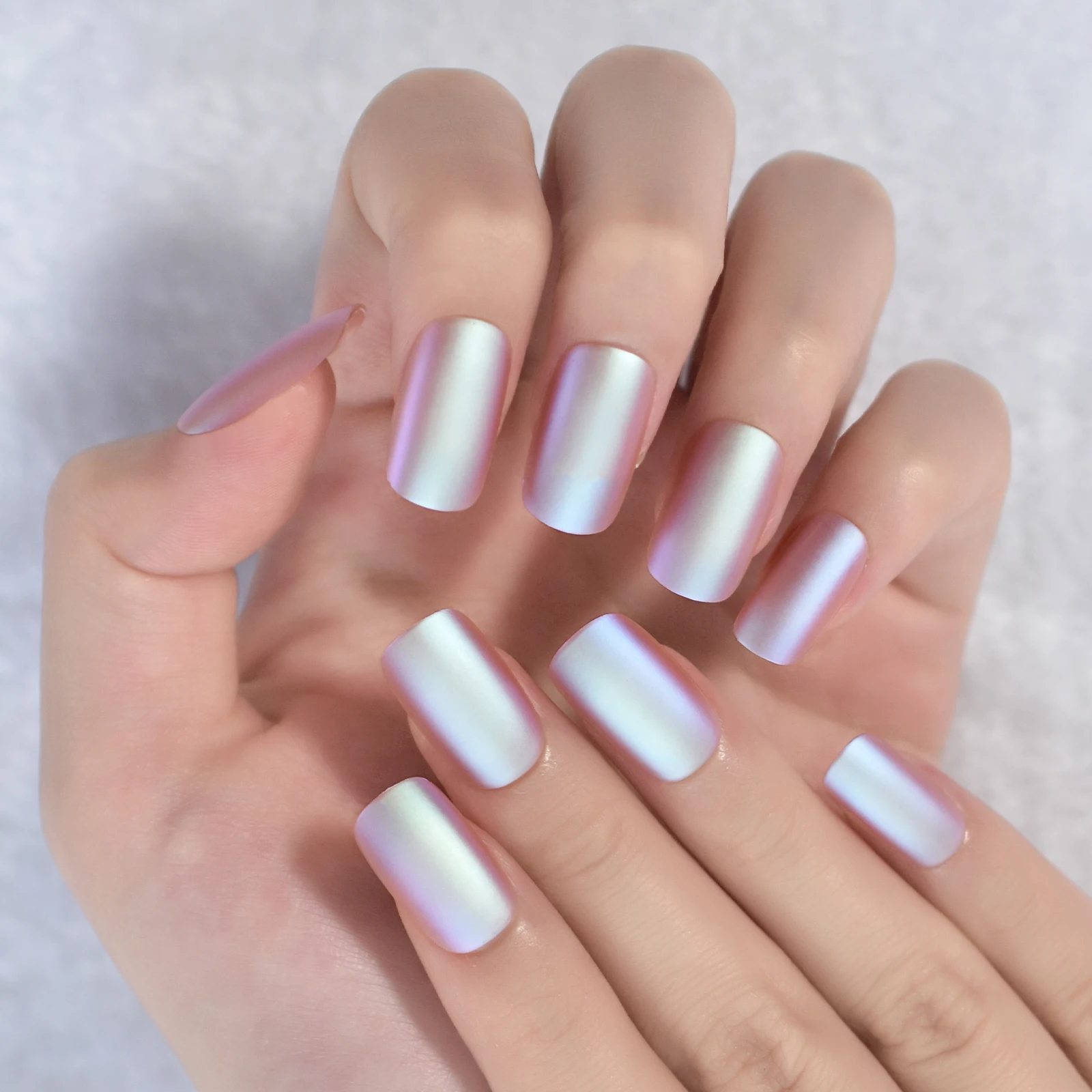 DIY Manicure Light Pink Purple Chrome Press on False Nails Medium Squoval Salon Reusable Fake Acrylic Nail Art Tips