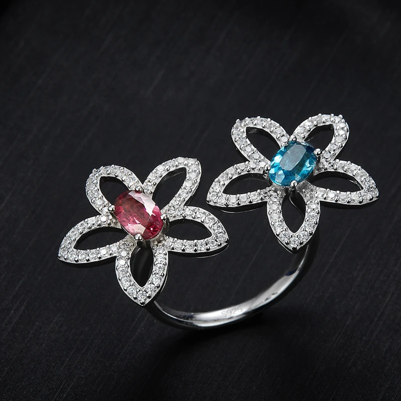 Natural Topaz Garnet 925 Sterling Silver Cute Flower Resizable Rings For Women Blue Red Stone 5A Ziron Luxury Ring 2024 New Gift