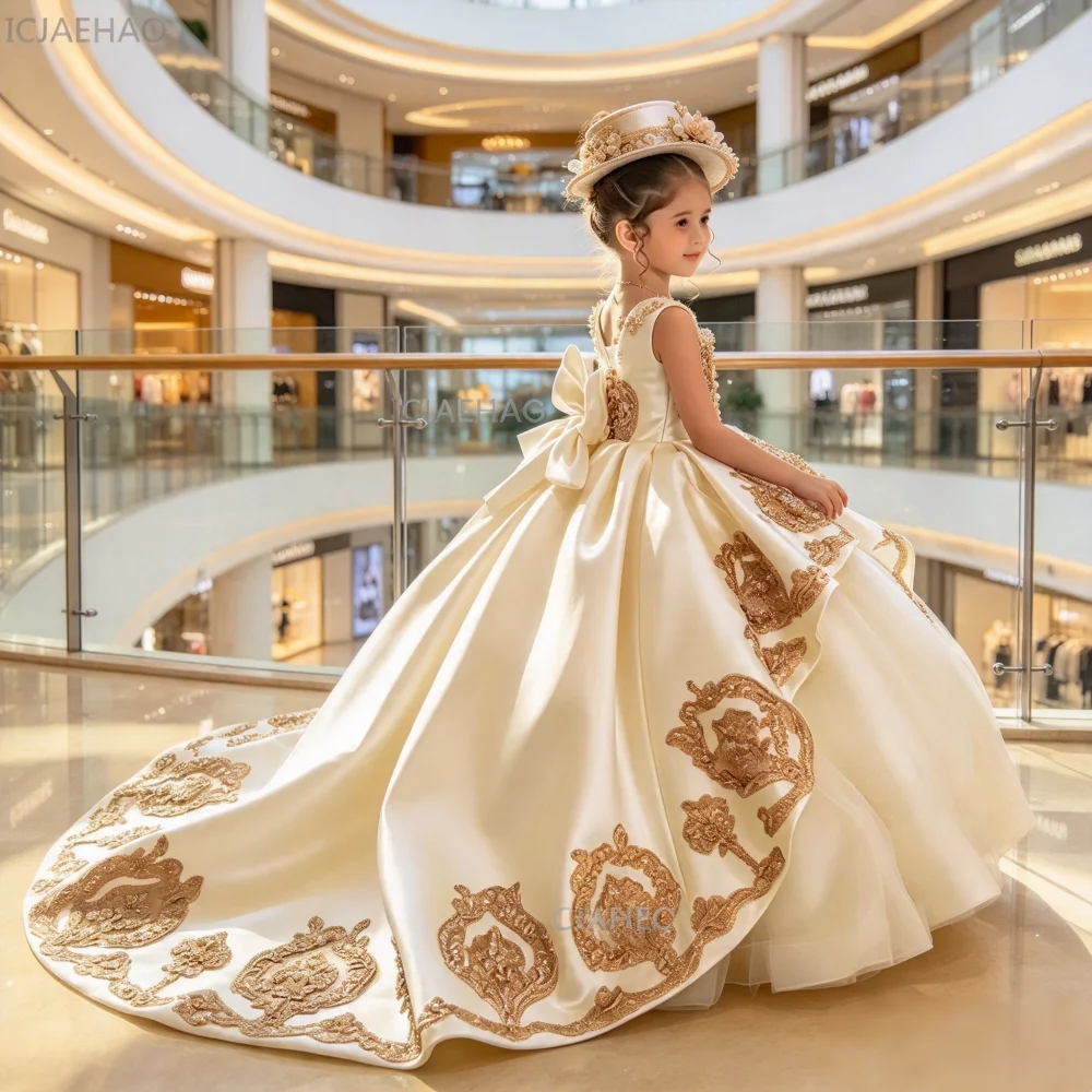 Children Long Formal Attire Celebration Clothes Train Flower Girl Dress Birthday Performance Gown Kids Wedding Princess Pageant