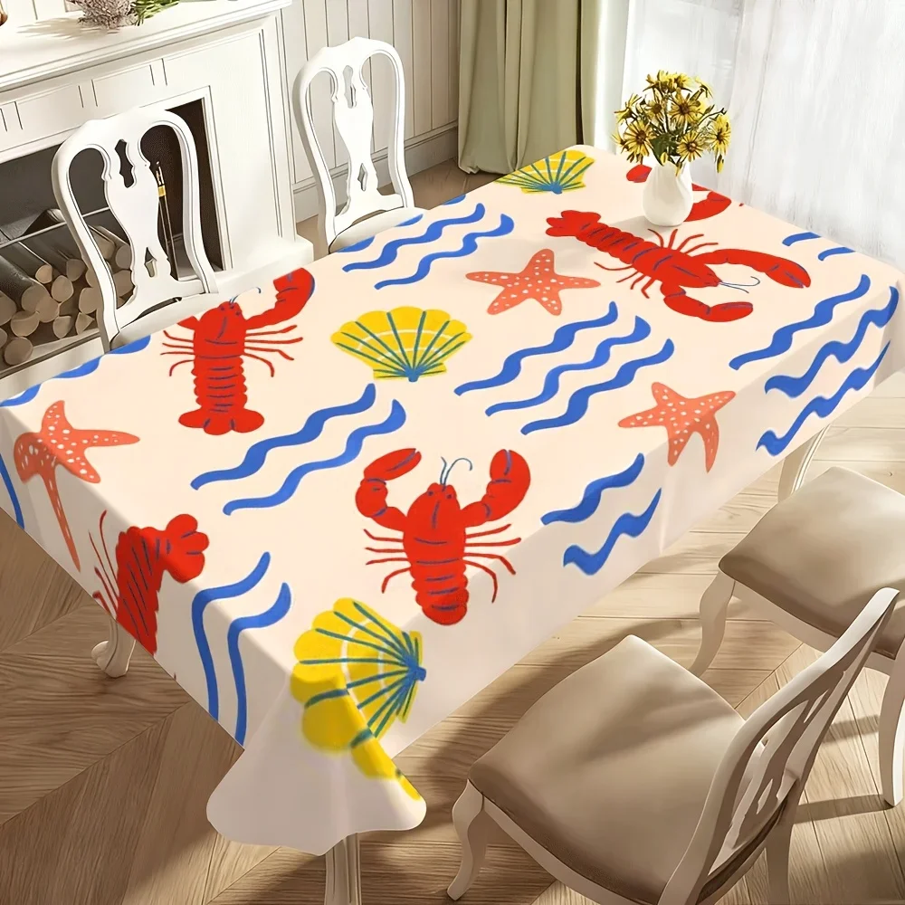 1pc High-end Versatile Spring Red Lobster and Sea Star Shell Wave Pattern Tablecloth 2D FLAT Artistic Atmosphere Feelingxzj