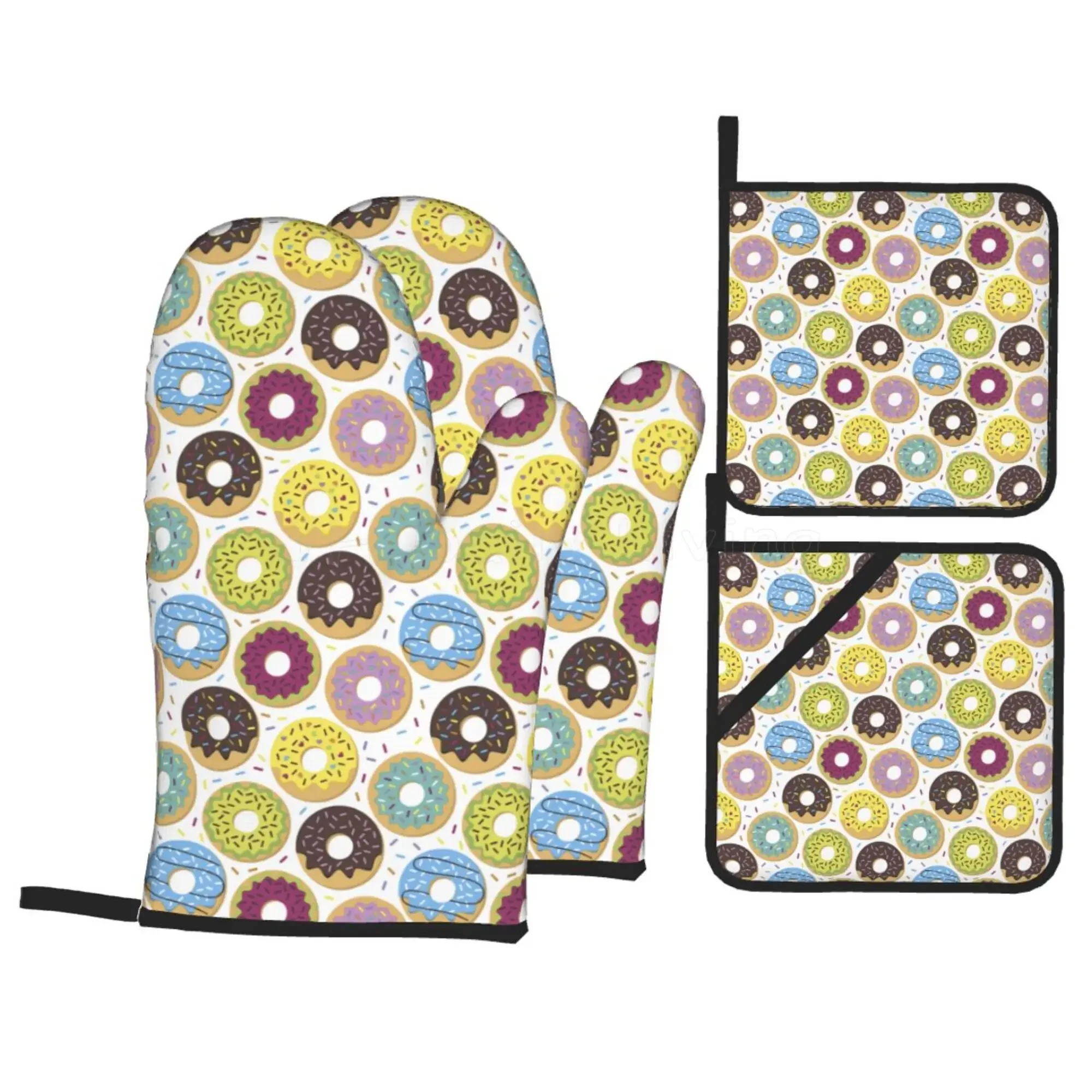 

Красочные пончики, 4 шт., набор рукавиц для духовки и подставок для кастрюль, термостойкие нескользящие кухонные перчатки для приготовления пищи, выпечки, гриля, барбекю