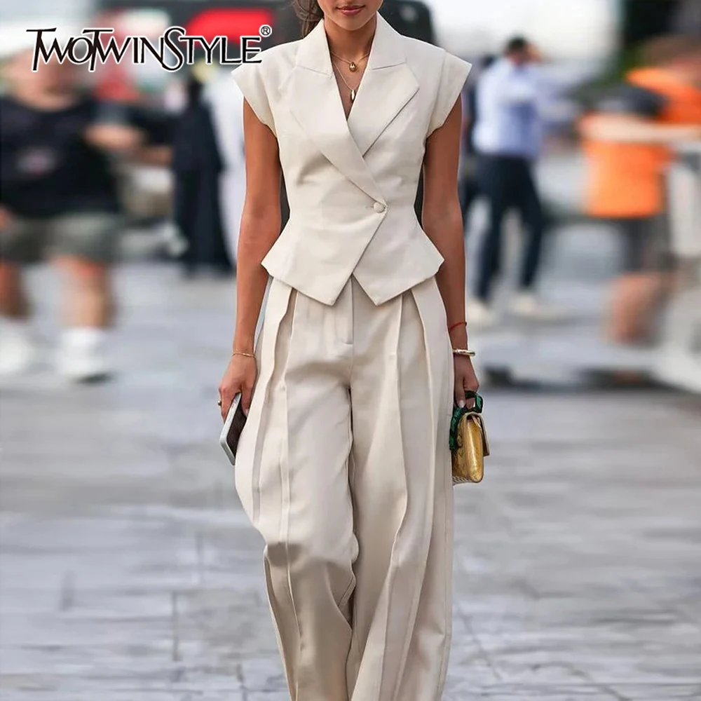 

TWOTWINSTYLE Office Spliced Folds Two Piece Set for Women Lapel Sleeveless Top High Waist Wide Pant Minimalist Suit Female New