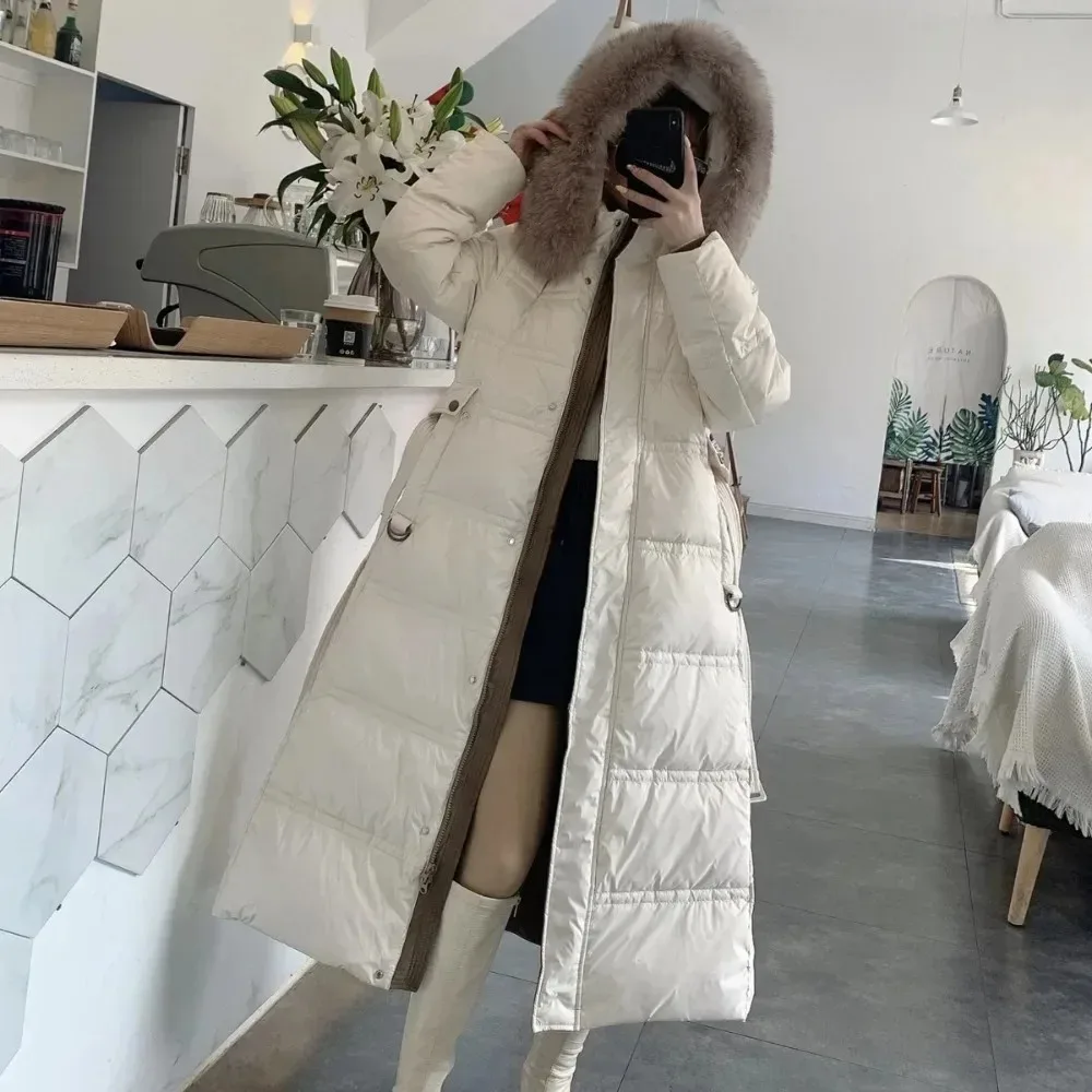 2024 European Down Jacket Women Fox Fur Collar Jacket Real Fur Coat Fashion White Duck Down Loose Jacket Winter Female Outerwear