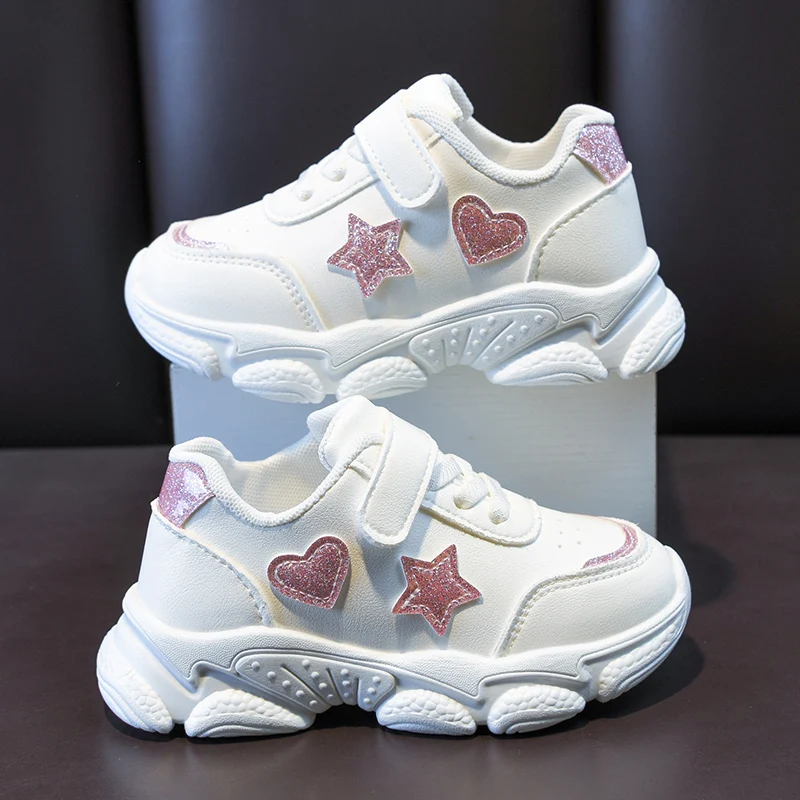 

Little Kids Sports Shoes for Toddlers Girls Cute Classic White Sneakers with Heart Star Decoration Children Casual Shoes Soft