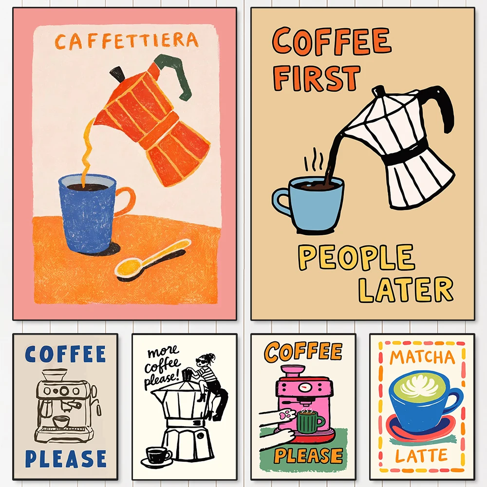 Italian Espresso Coffee Canvas Wall Art Poster Cafe Illustration Canvas Painting Prints Wall Pictures for Cafe Room Decor Gifts