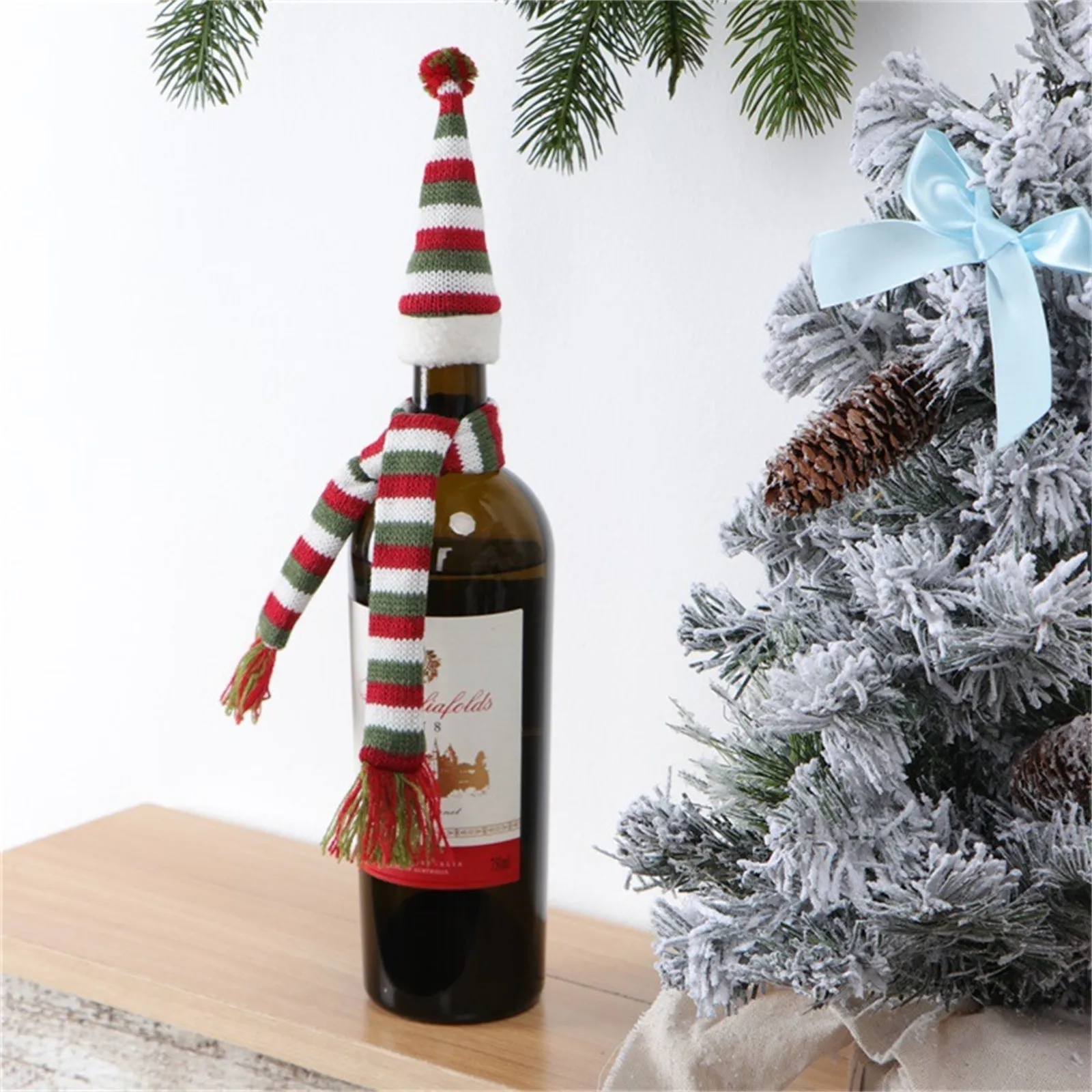 2024 2pcs Wine Bottle Set Christmas Decor Santa Scarf Christmas Flatware Holder Xmas Wine Bottle Holder Santa Hats Bottle Rack