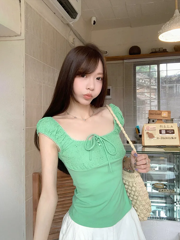 Green Lace-Up Square Neck T-Shirt Basic Summer Casual Bubble Short Sleeve Top Pullover Tshirts Outerwears Clothing Vintage Tees