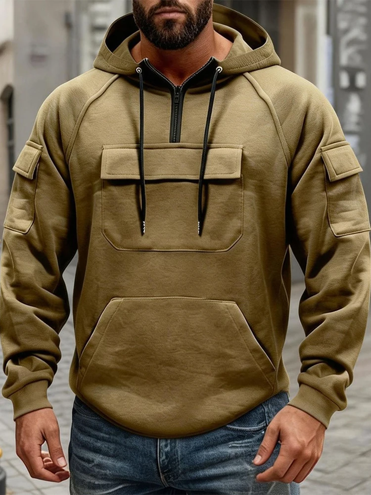 

Модные мужские свободные худи с множеством карманов, весенне-осенние, новые повседневные однотонные толстовки-карго, стильные мужские худи на шнуровке