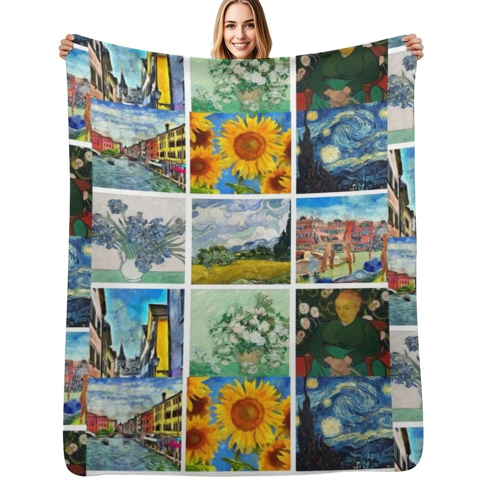 van gogh artwork collage Throw Blanket Multi Purpose Soft Warm Blanket for Home Travel