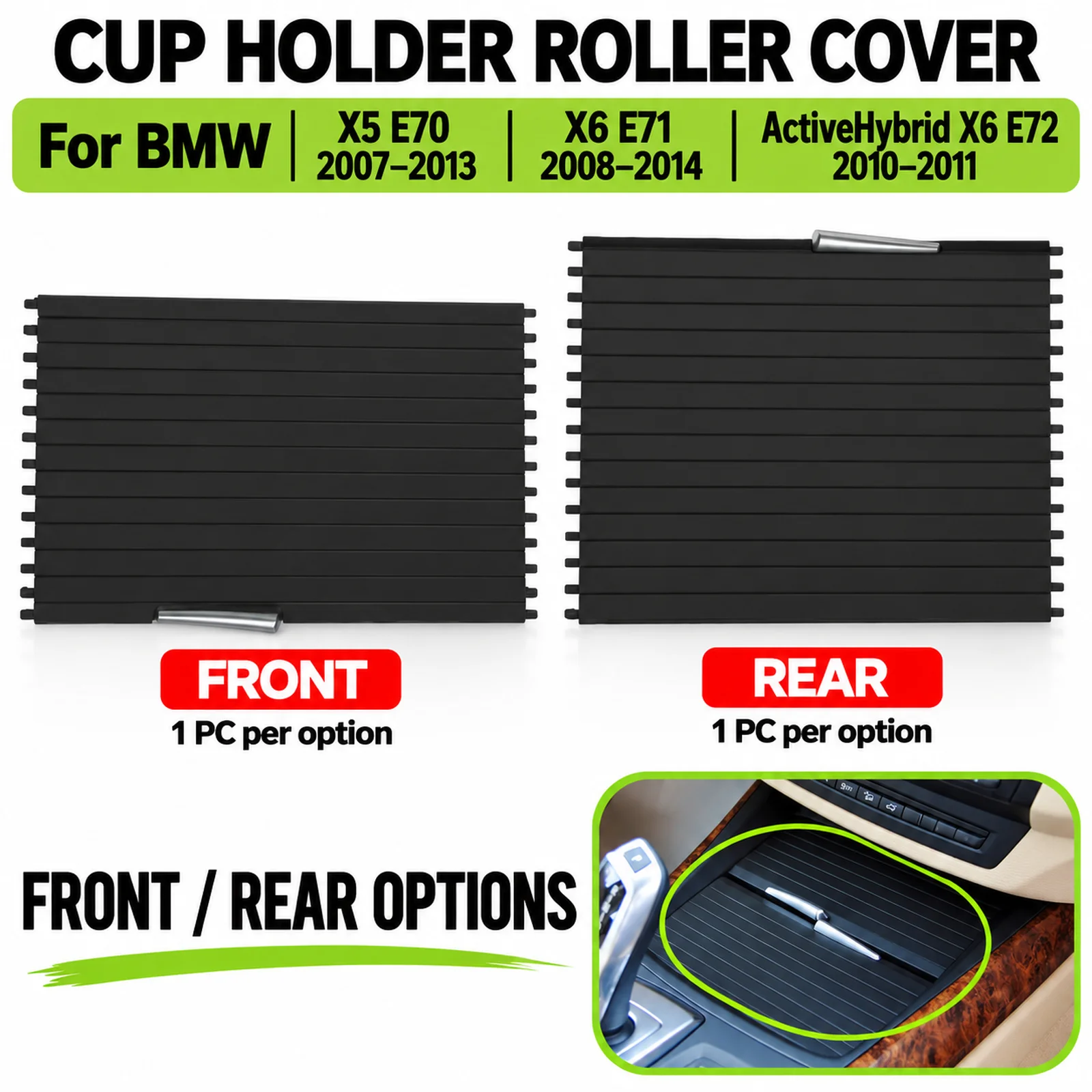Black Cup Holder Roller Cover For BMW X5 E70 2007-2013 X6 E71 2008-2014 ActiveHybrid X6 E72 2010-2011 Front Or Rear Section 1 PC