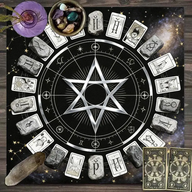 VIKAMA Rune Pentagram Tarot Table Cloth Silver Starry Sky Altar Cloth Norse Symbol Witch Divination Layout Ritual Decor Mat