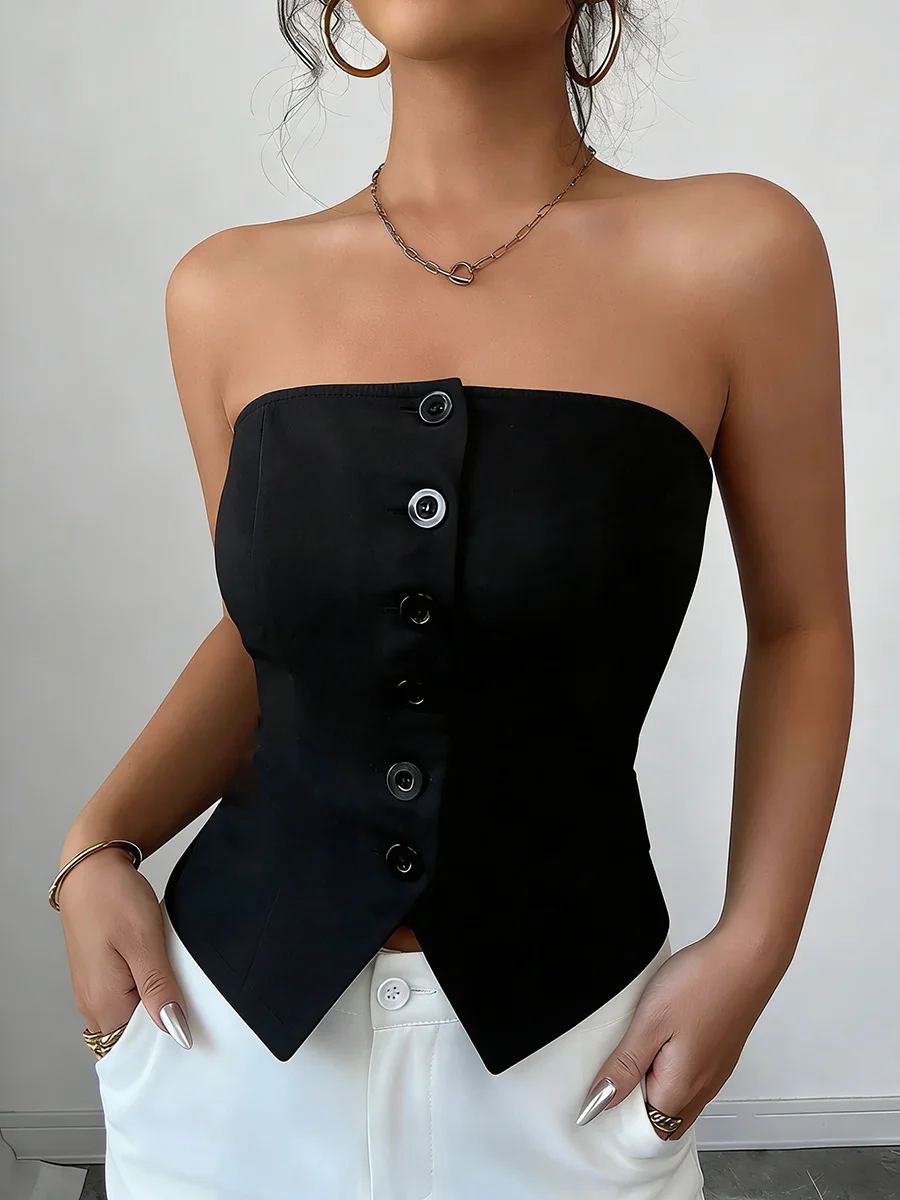 Women's Corset Top Strapless Button Detail Asym Hem Smooth Fitted Tops Sexy Corset Spring Summer Chic Corset Party Stretchy Tops