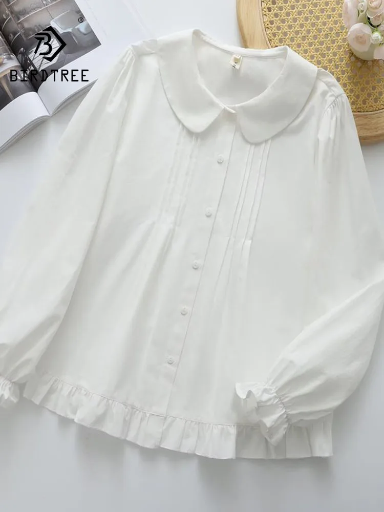 New 2026 Autumn Women Cotton Long Sleeve Shirt, Peter Pan Collar Folds, Mori Girl Preppy Style OL Commute Loose Blouse T69153CC