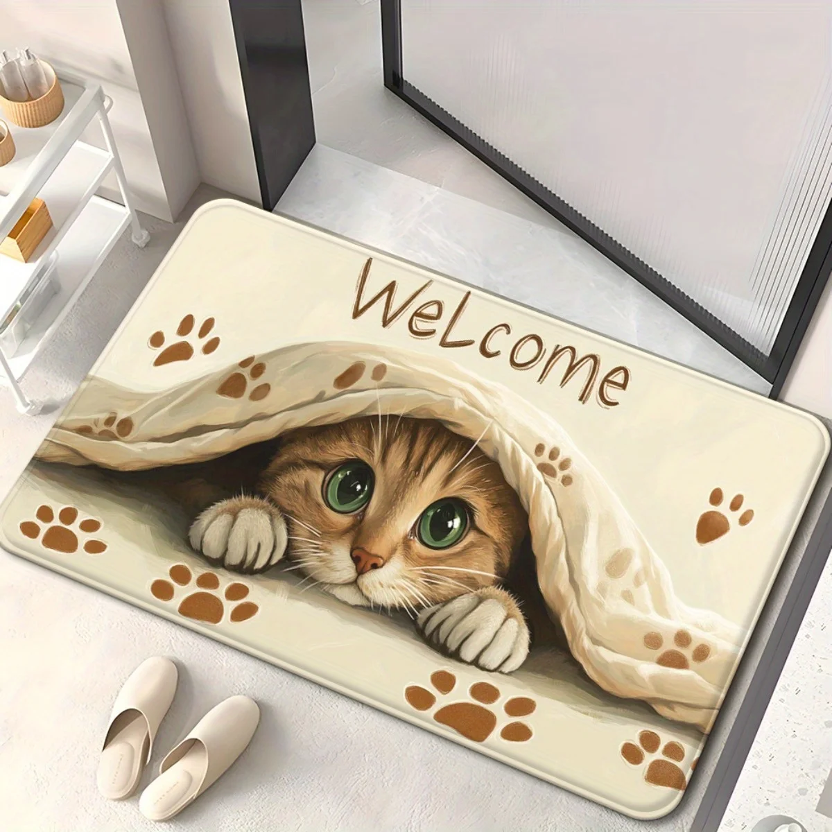 Adorable kitten under blanket welcome mat cozy animal design non slip door rug for living room entryway decor