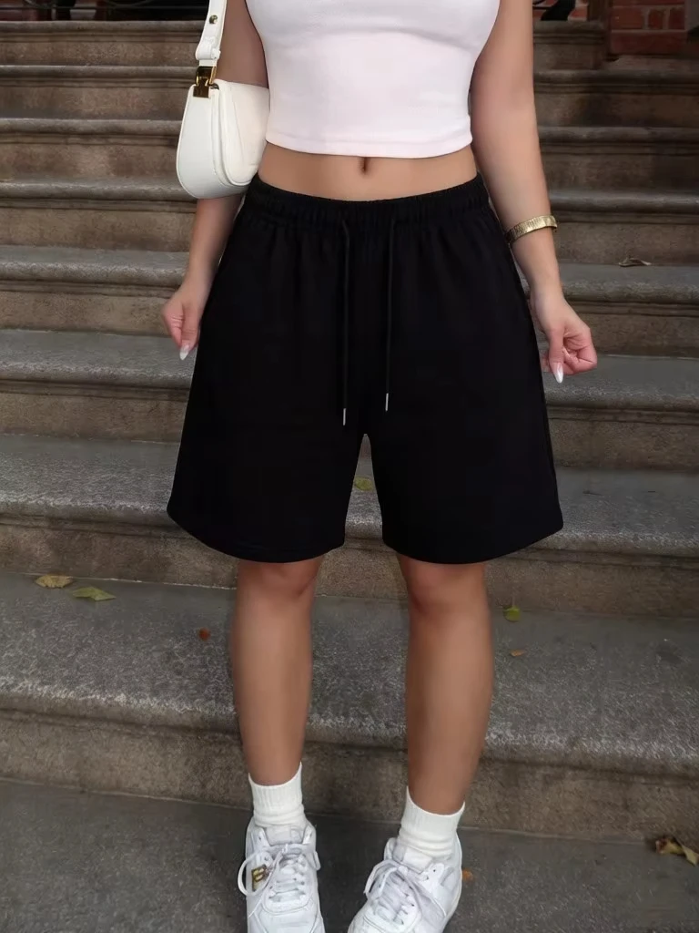 

Женские однотонные брюки оверсайз, летние повседневные шорты-джоггеры, базовые прямые брюки с высокой талией на шнурке, женская одежда