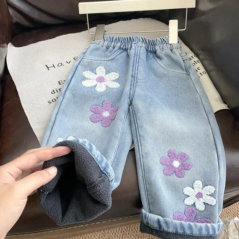 Girls' Fleece-Lined Floral Jeans, Winter Warm Casual Loose Pants