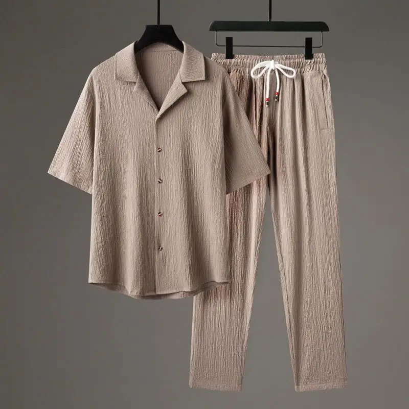 Ensemble chemise et pantalon de sport décontracté pour hommes, haut de gamme, manches mi-longues, Style chinois, deux pièces, vêtements amples et respirants, jogging, nouvelle collection été