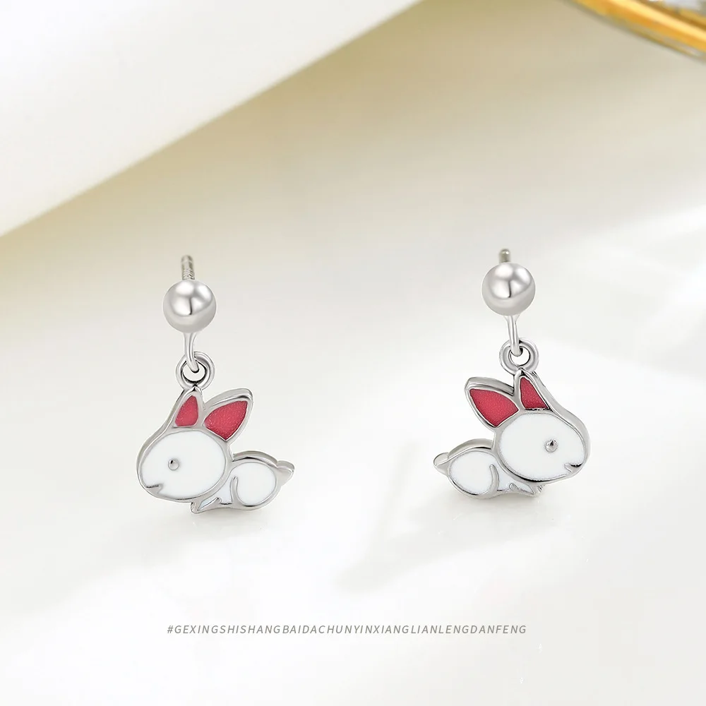 925 Sterling Silver Drop Enamel Bunny Stud Earrings Korean Style High-end Earrings for Women with Unique INS Trendy Design