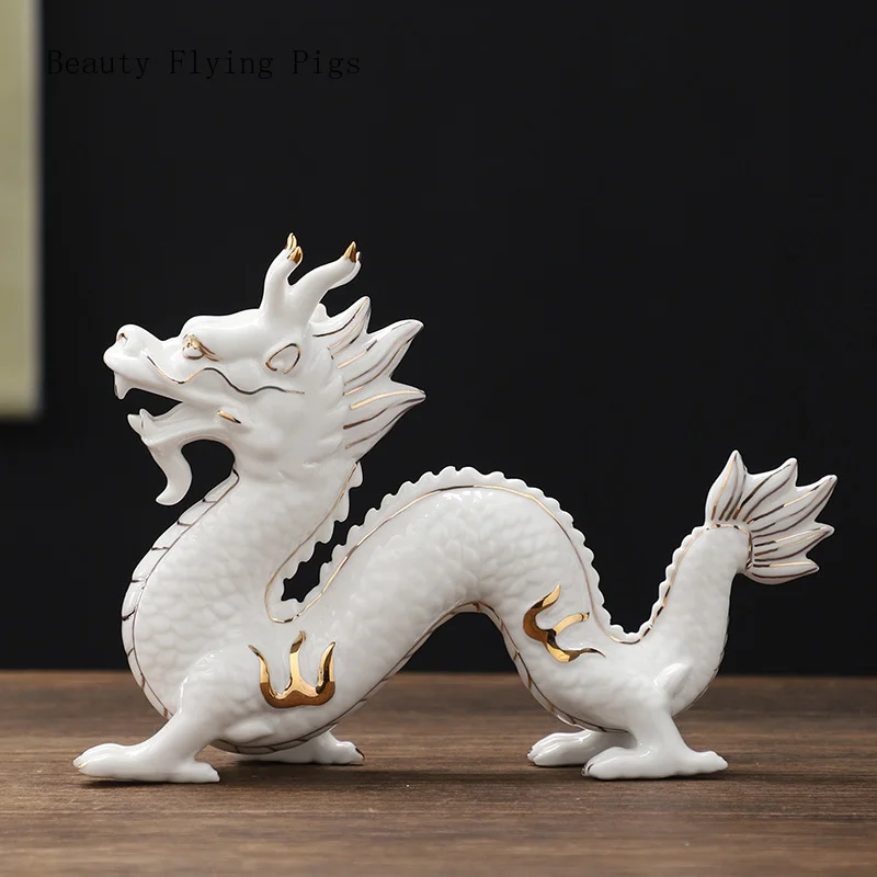 Creative ceramic dragon ornaments, twelve zodiac signs, golden dragon crafts, home furnishings, office and store decorations