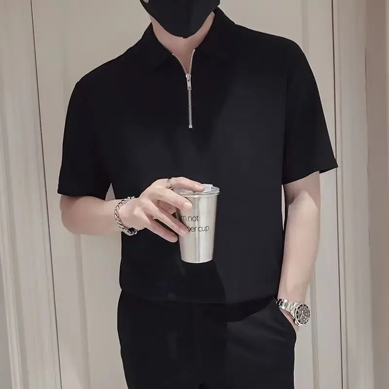 

Men's Collar Short Sleeve T-Shirt Half Zip Polo 2026 New Fashion Korean Style Casual Top