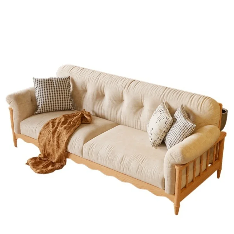 

Nordic log cream style Japanese solid wood cloud sofa living room small apartment cat paw cloth retro inline sofa