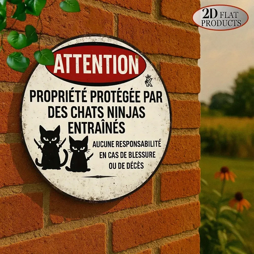 Vintage Funny French Ninja Cat Warning Hd Metal Wall Art Sign Intellectual Property Protected Disclaimer Round Iron Art