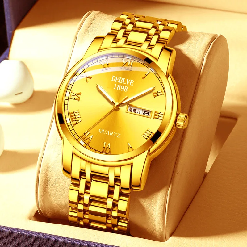 

Мужские часы, модные классические кварцевые наручные часы с двойным календарем, светящимся циферблатом и стальным ремешком