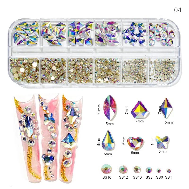 3D AB Glitter Strass Multicolor Nail Art Pietre di cristallo Dimensioni miste Gemme di cristallo per unghie Decorazione per unghie Accessori per unghie