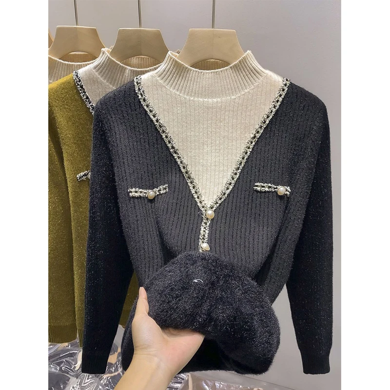 Women Korean Fashion Patchwork Beaded Chic Elegant Knitted Sweater Autumn Winter Half High Collar Slim Long Sleeve Pullover Tops