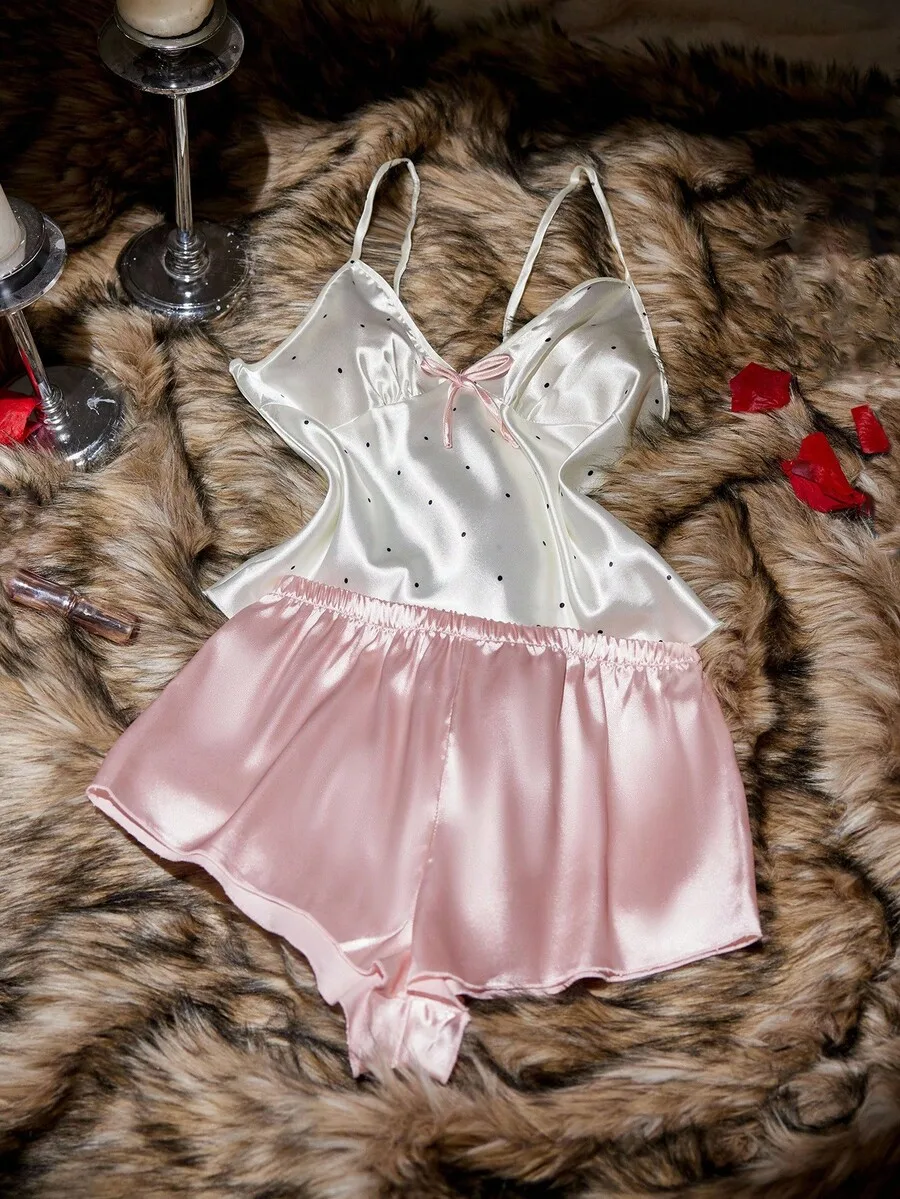 Satin Polka Dot Camisole And Shorts Sleepwear Set For Women