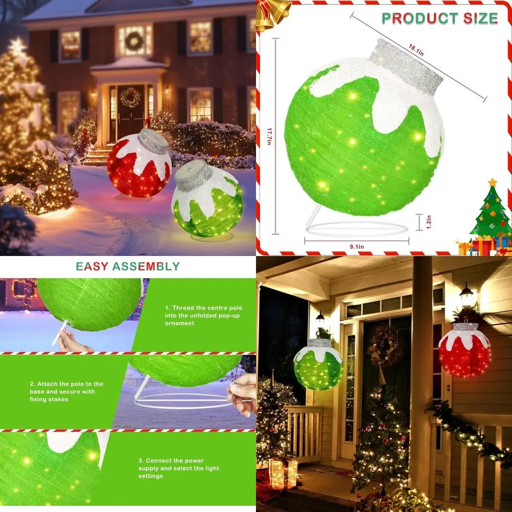 

Lighted Pop-Up Outdoor Holiday Ball Decorations, 2 Pieces, 80 LED Lights, 8 Modes, Red and Green, Ideal for Yard and Home