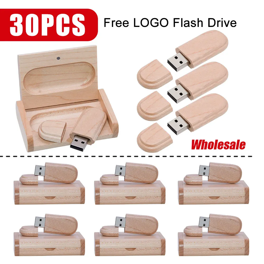 30pcs USB 2.0 high speed Wooden USB flash drive Maple wood+box pendrive 4GB 16GB 32GB 64GB memory stick gifts free custom logo