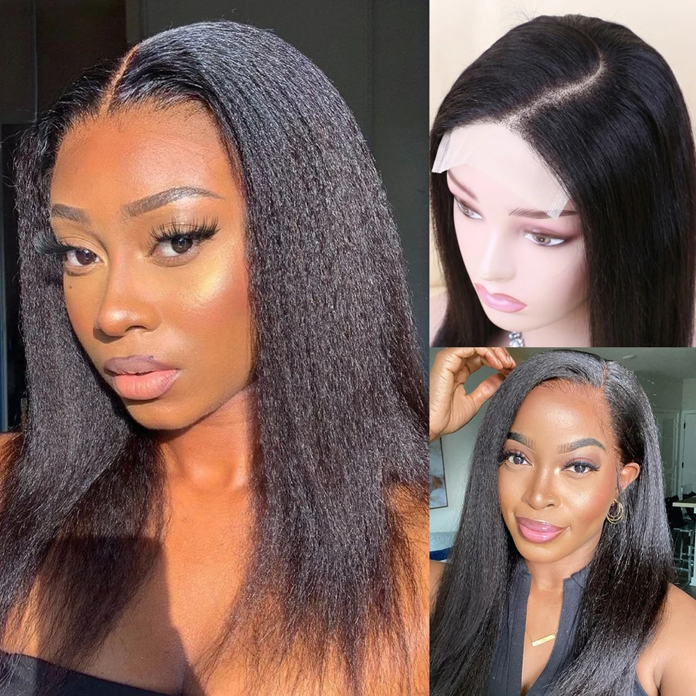 Yaki Straight Human Hair Wig 210% Density 5x5 Lace Closure Wig Layered Yaki Straight Bob Drawstring Wig Human Hair Lace Front Wigs Human Hair Pre Plucked Pre Cut Bleached Knots Pre Everything Put On and Go Wig Brazilian Wigs Original