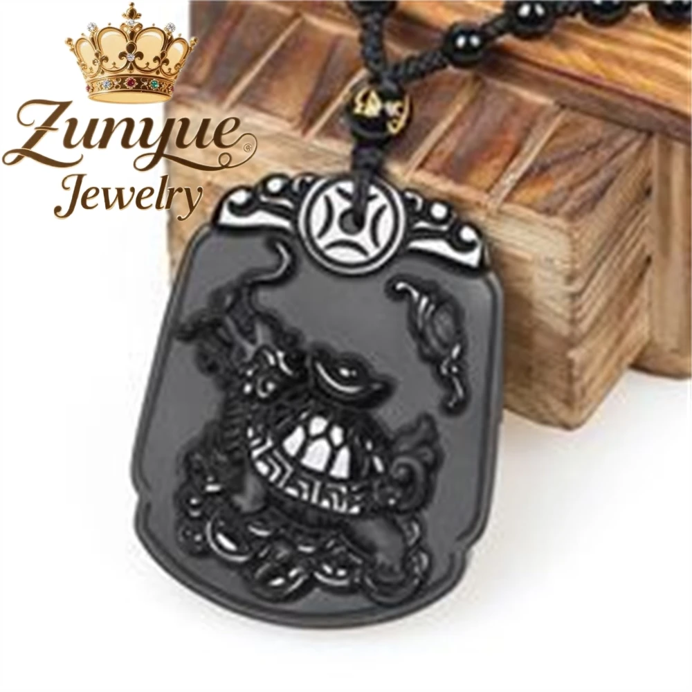 

Natural Obsidian Frosted Engraved Dragon Turtle Square Pendant For Men And Women Fashion Jewelry Exquisite Elegant Handicraft