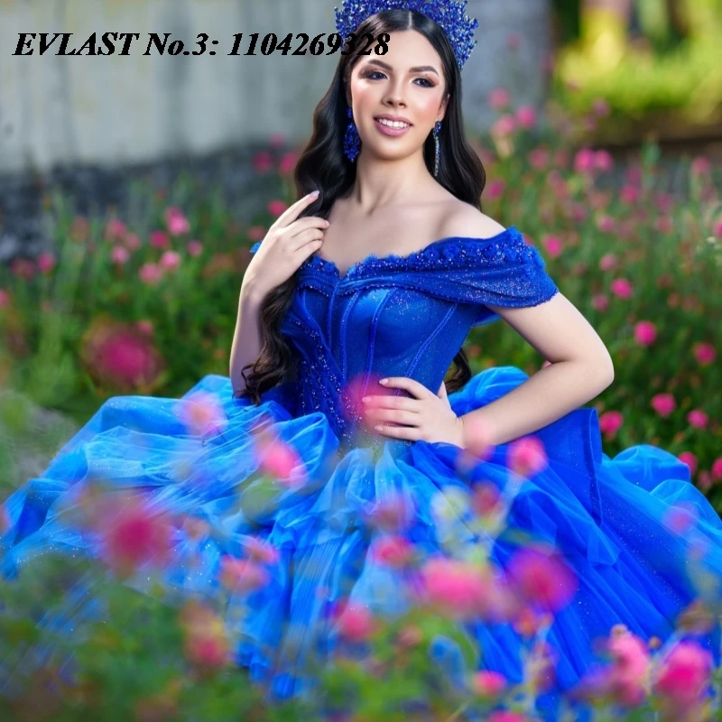 EVLAST Maßgeschneidertes, glänzendes, königsblaues Quinceanera-Kleid, Ballkleid, Applikation, Perlenstickerei, abgestuft, Sweet 16, Vestidos 15 De Anos E3Q859
