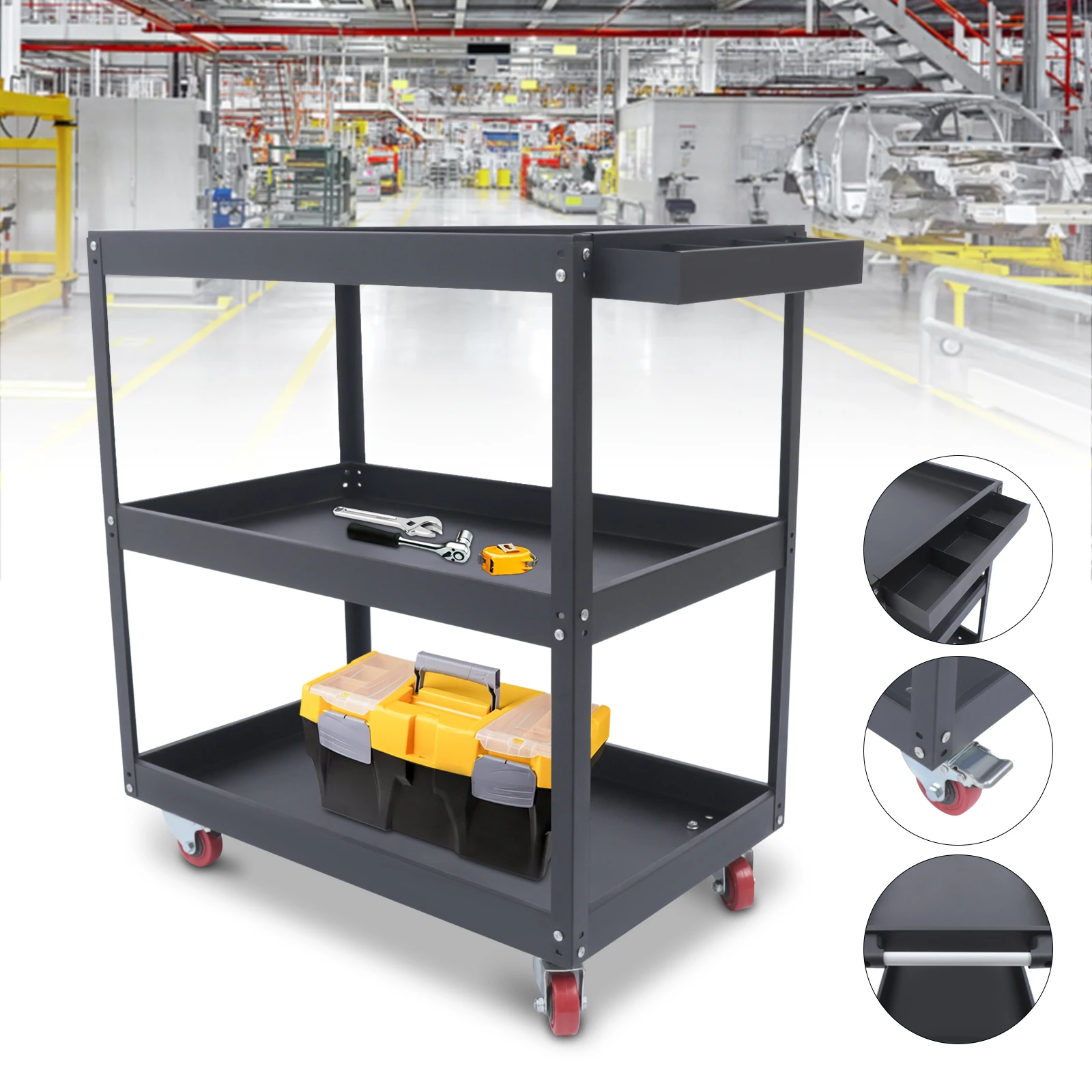 

3-Tiers Rolling Utility Tool Cart Service Organizer Heavy Duty Storage Trolley 77.5*48.5*88cm