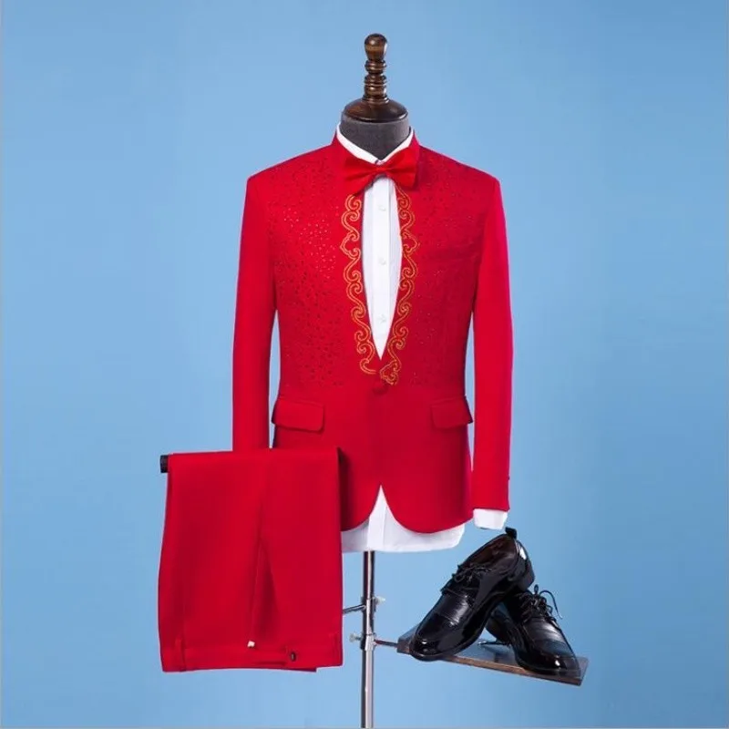 New Men's Fashion Slim Suit Coats Fit Black Chinese Jackets Wedding Party Prom Tuxedo Blazers Male Casual Embroidery Suits Set