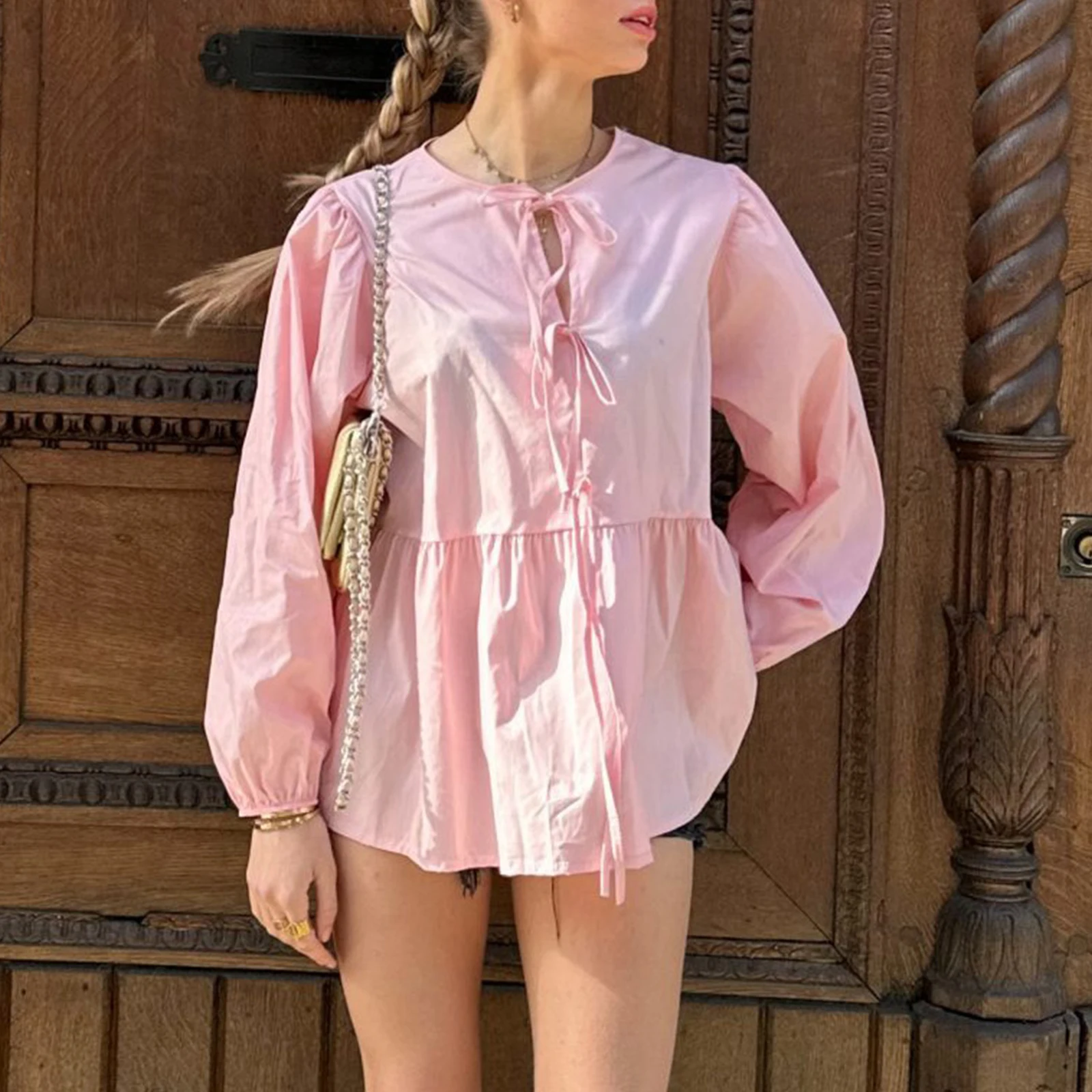 

Women’s Elegant Kawaii Bow Tie Front Peplum Shirts Long Puff Sleeve Round Neck Loose Fit Babydoll Aestheti Spring Fall Blouses