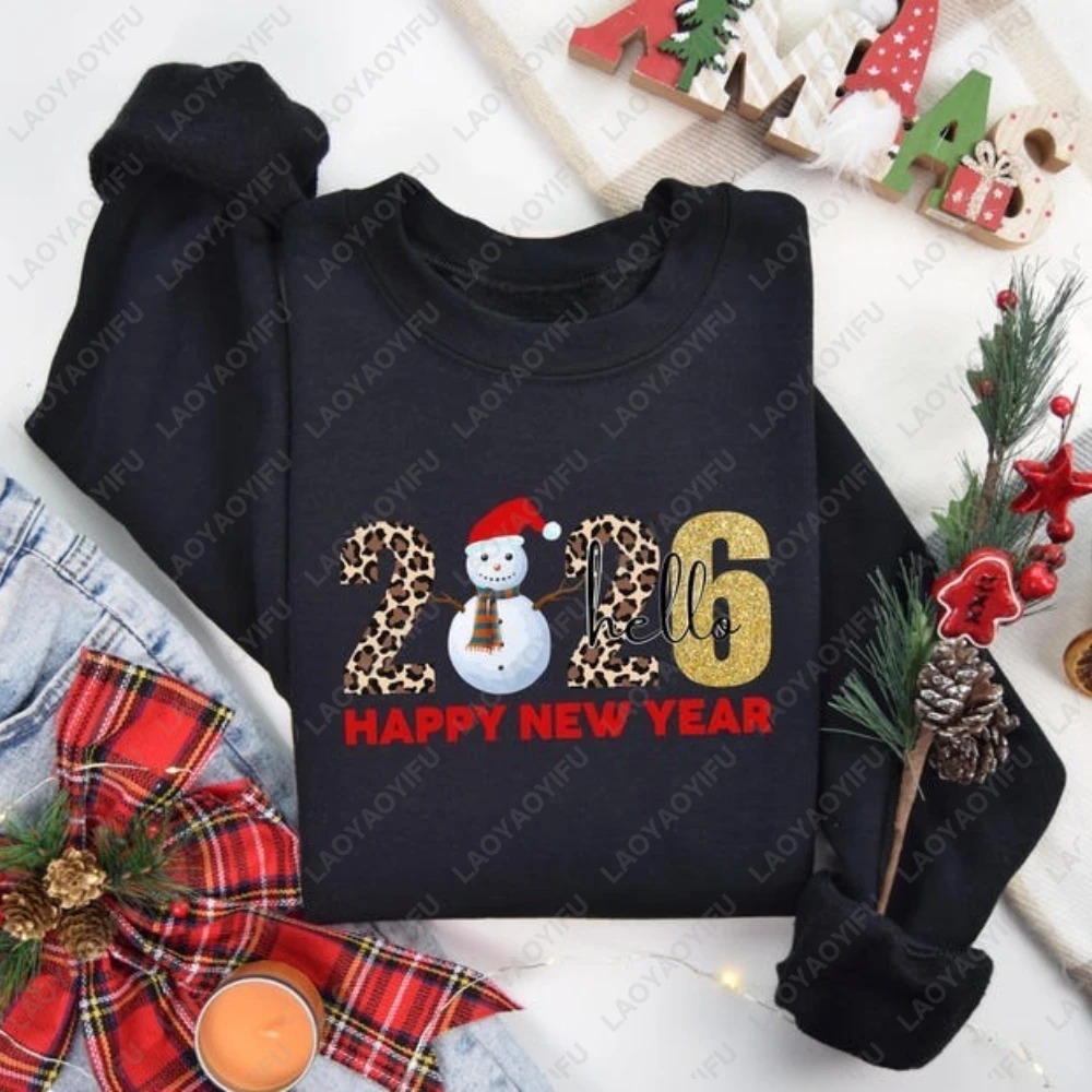 

2026 Happy New Year Leopard Print Sweatshirt Christmas Hat Party Winter Clothes Women Men Hoodies Crewneck Long Sleeve Tops