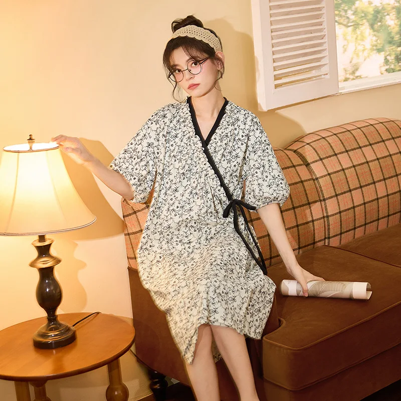 Summer Women's Kimono Sleep Dress Short Sleeve Wrap Tie Loose Fit Breathable Casual Home Nightdress 2026 New nightgown lingerie