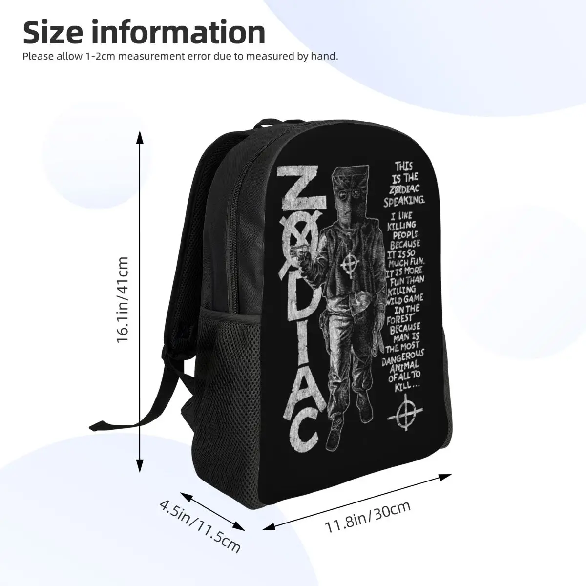 Zodiac,David Fincher,Crime,Serial Killer Student Backpack School Bag Hiking Travel Daypack for Men Women Bookbag Shoulder Bags